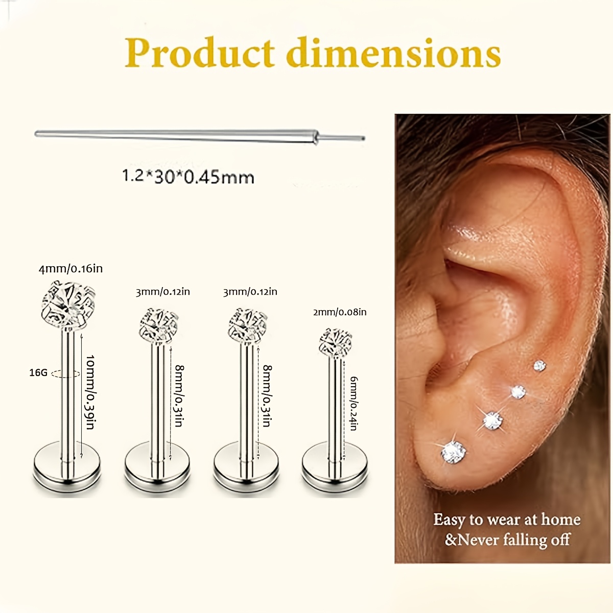 9pcs 304 Stainless Steel Flat Back Earrings and Nose Rings Set